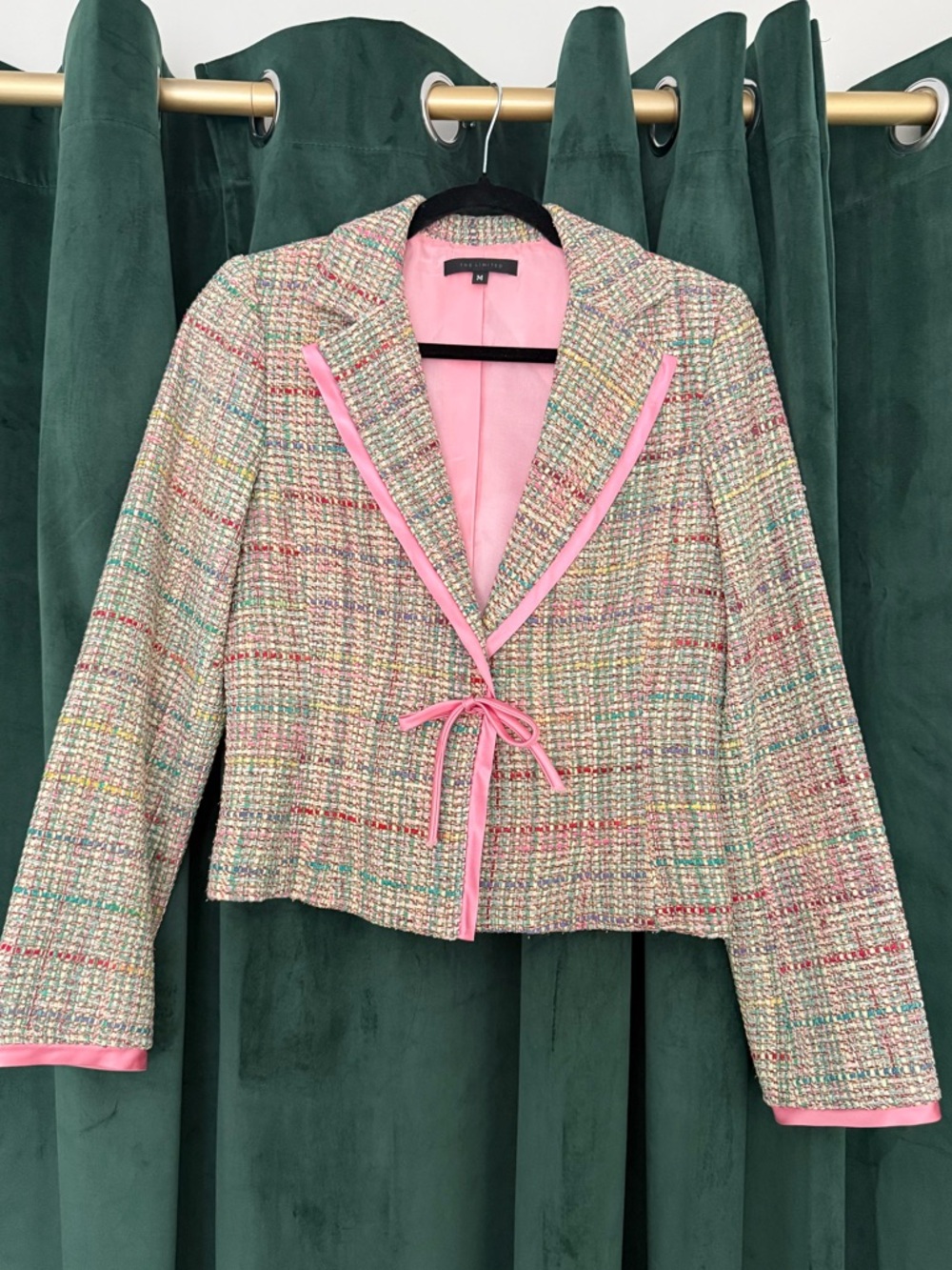 Vintage The Limited Tweed Blazer Silk Lined Pink Trim Tie Front Jacket Bouclé M